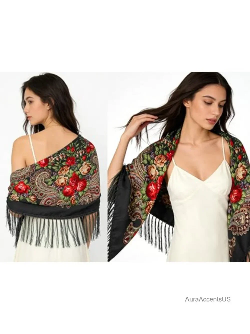 Traditional Folk Scarf Shawl Wrap with Tassel Fringe Lightweight Cotton Blend